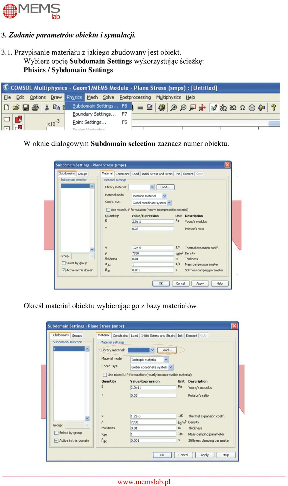 Wybierz opcję Subdomain Settings wykorzystując ścieżkę: Phisics / Sybdomain