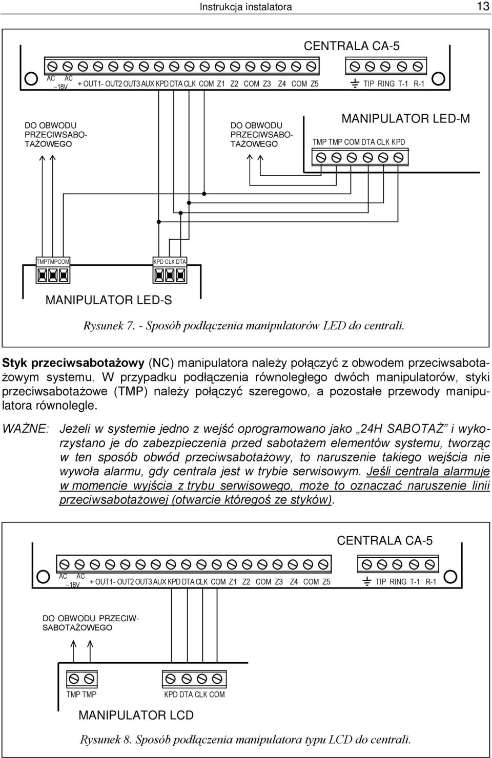 Styk przeciwsabotażowy (NC) manipulatora należy połączyć z obwodem przeciwsabotażowym systemu.