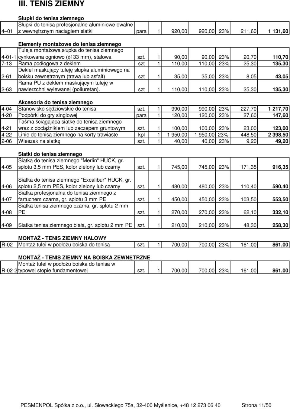 1 90,00 90,00 23% 20,70 110,70 7-13 Rama podłogowa z deklem szt 1 110,00 110,00 23% 25,30 135,30 2-61 Dekiel maskujący tuleję słupka aluminiowego na boisku zewnętrznym (trawa lub asfalt) szt 1 35,00