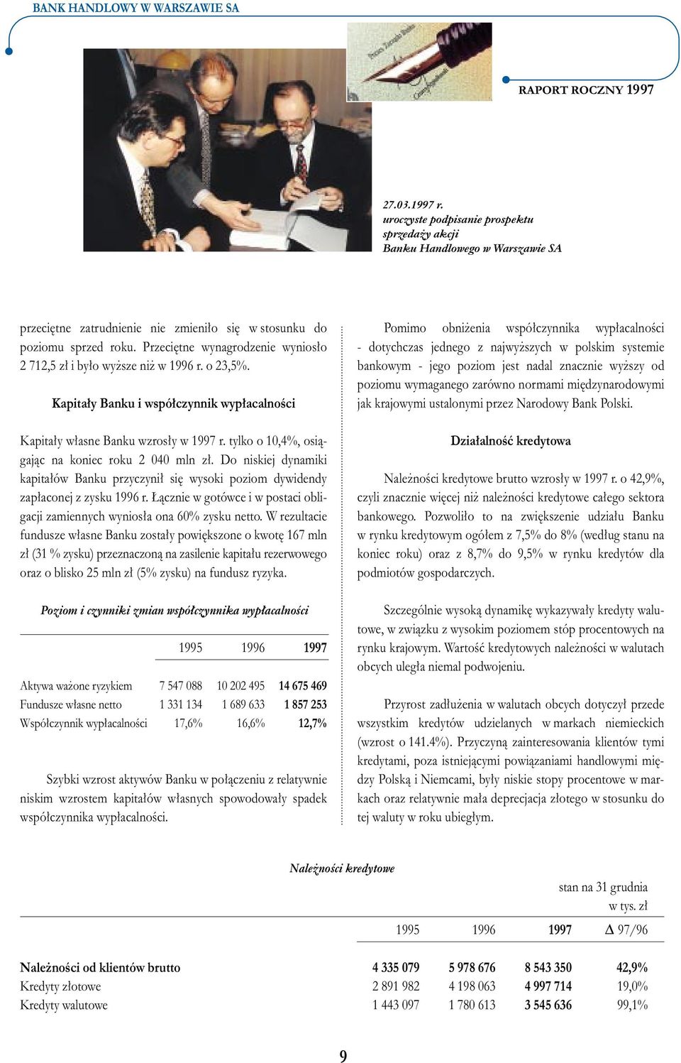 tylko o 10,4%, osiàgajàc na koniec roku 2 040 mln z. Do niskiej dynamiki kapita ów Banku przyczyni si wysoki poziom dywidendy zap aconej z zysku 1996 r.