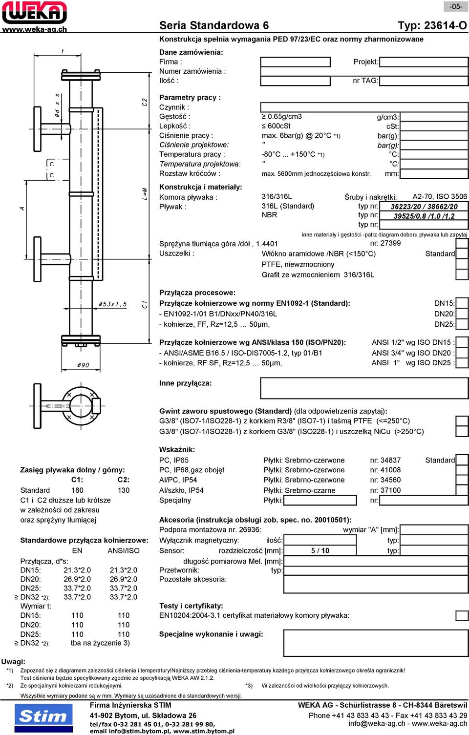 2 PTFE, niewzmocniony Grafit ze wzmocnieniem 316/316L Przyłącze kołnierzowe wg normy EN1092-1 (): - EN1092-1/01 B1/DNxx/PN40/316L DN15: DN20: - kołnierze, FF, Rz=12,5 50µm, DN25: Przyłącze