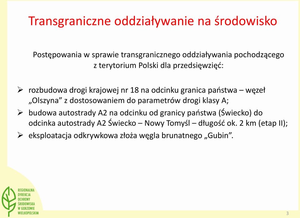 dostosowaniem do parametrów drogi klasy A; budowa autostrady A2 na odcinku od granicy państwa (Świecko) do