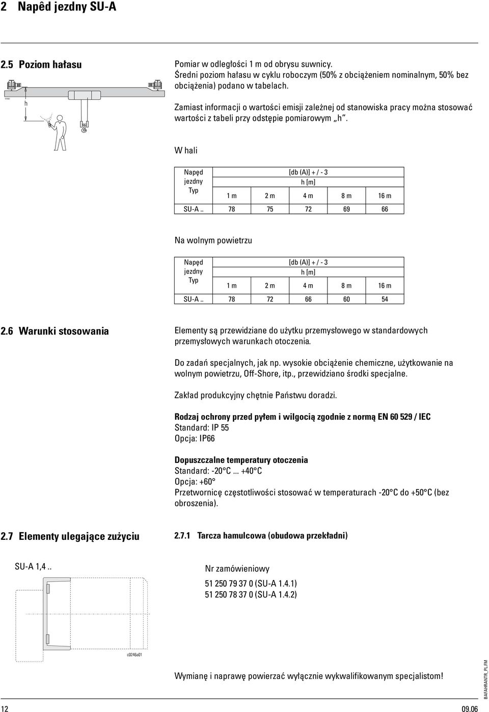 W hali Napęd jezdny Typ [db (A)] + / - 3 h [m] 1 m 2 m 4 m 8 m 16 m SU-A.. 78 75 72 69 66 Na wolnym powietrzu Napęd jezdny Typ [db (A)] + / - 3 h [m] 1 m 2 m 4 m 8 m 16 m SU-A.. 78 72 66 60 54 2.