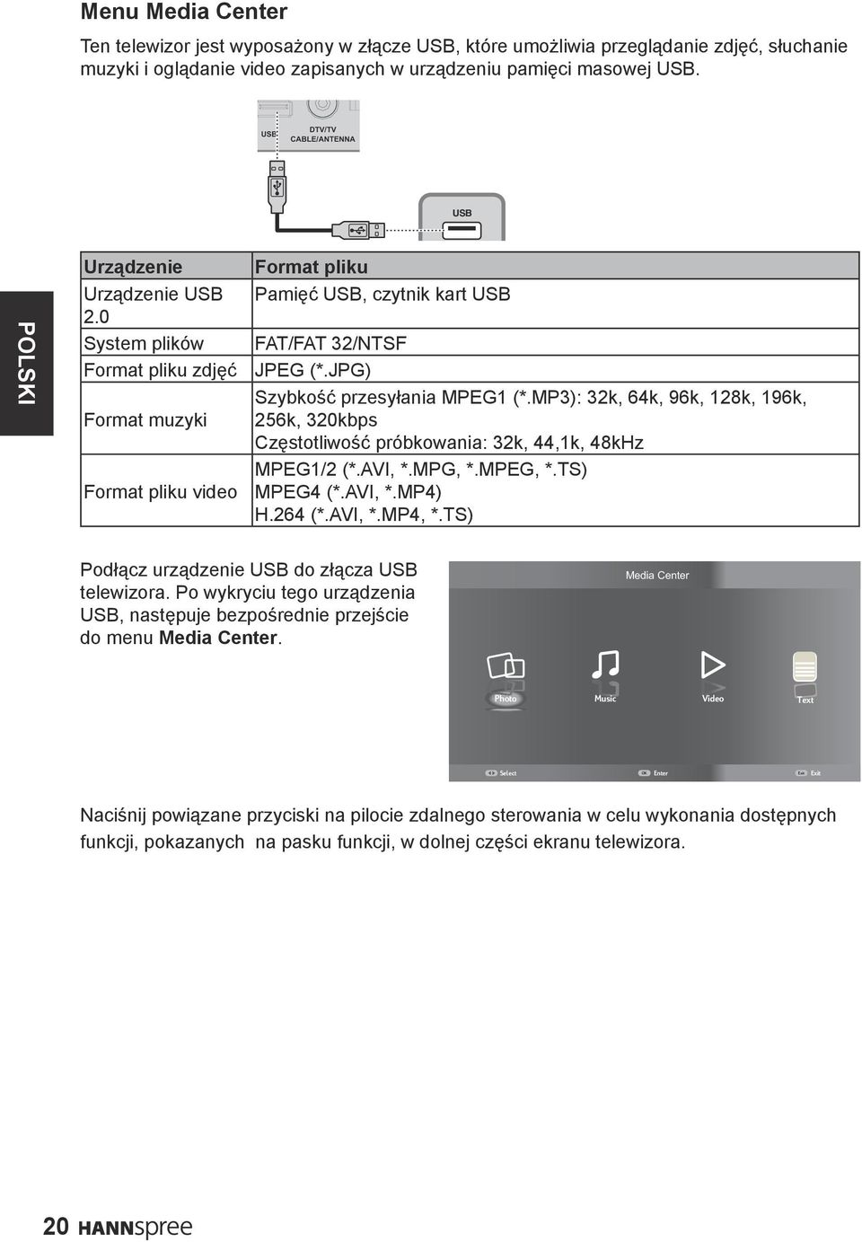 JPG) Szybkość przesyłania MPEG1 (*.MP3): 32k, 64k, 96k, 128k, 196k, 256k, 320kbps Częstotliwość próbkowania: 32k, 44,1k, 48kHz MPEG1/2 (*.AVI, *.MPG, *.MPEG, *.TS) MPEG4 (*.AVI, *.MP4) H.264 (*.