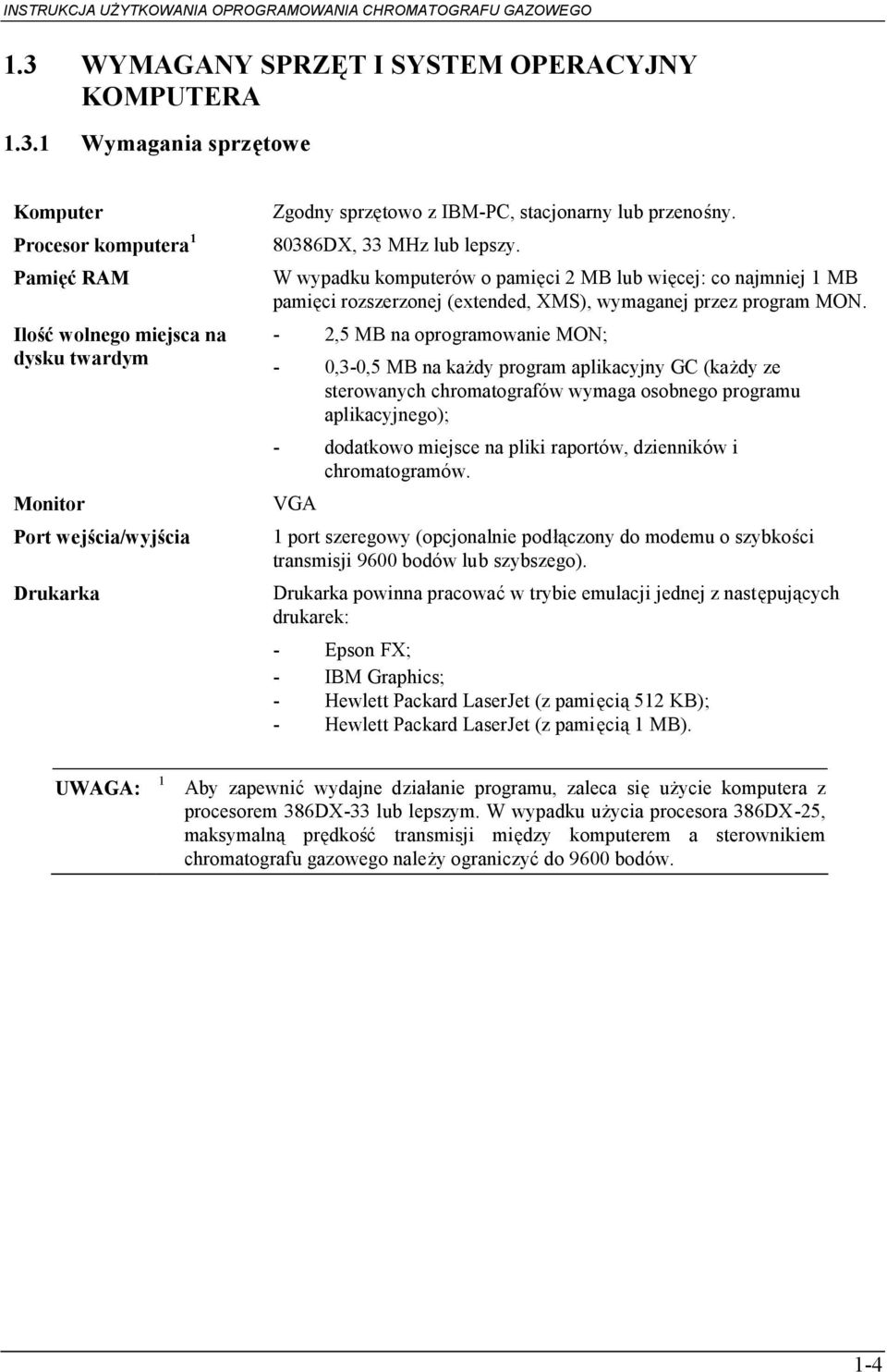 - 2,5 MB na oprogramowanie MON; - 0,3-0,5 MB na każdy program aplikacyjny GC (każdy ze sterowanych chromatografów wymaga osobnego programu aplikacyjnego); - dodatkowo miejsce na pliki raportów,