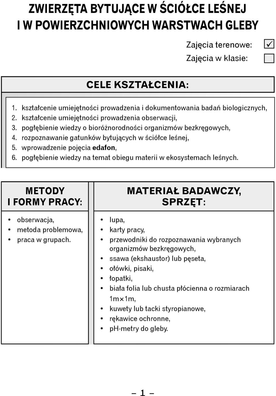 rozpoznawanie gatunków bytujących w ściółce leśnej, 5. wprowadzenie pojęcia edafon, 6. pogłębienie wiedzy na temat obiegu materii w ekosystemach leśnych.