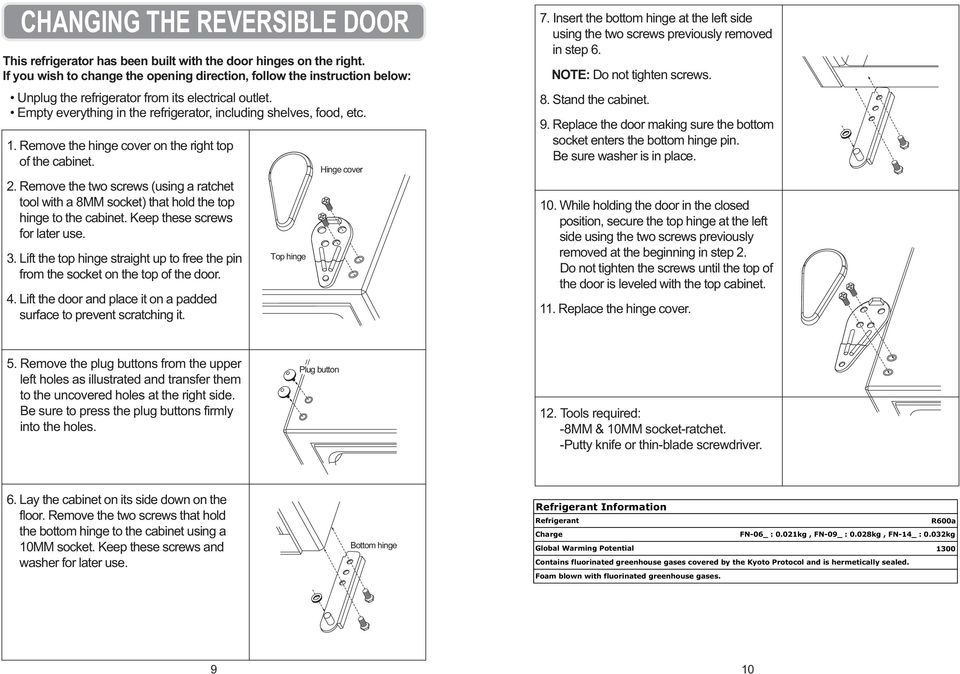 Remove the hinge cover on the right top of the cabinet. 2. Remove the two screws (using a ratchet tool with a 8MM socket) that hold the top hinge to the cabinet. Keep these screws for later use. 3.