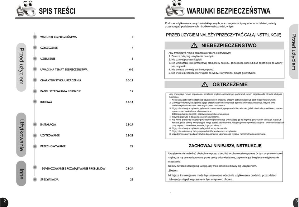 Zawsze odłączaj urządzenie po użyciu. 2. Nie używaj podczas kąpieli. 3. Nie umieszczaj i nie przechowuj produktu w miejscu, gdzie może spać lub być zepchnięte do wanny lub umywalki. 4.