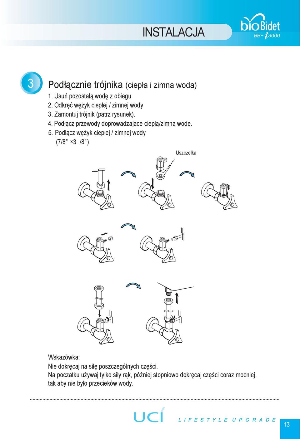 Podłącz przewody doprowadzające ciepłą/zimną wodę. 5.