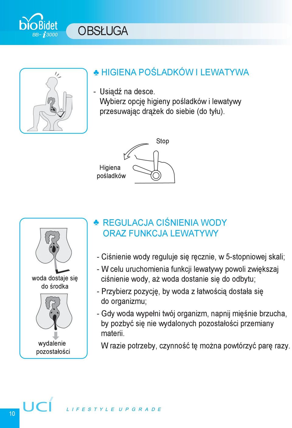 5-stopniowej skali; - W celu uruchomienia funkcji lewatywy powoli zwiększaj ciśnienie wody, aż woda dostanie się do odbytu; - Przybierz pozycję, by woda z łatwością