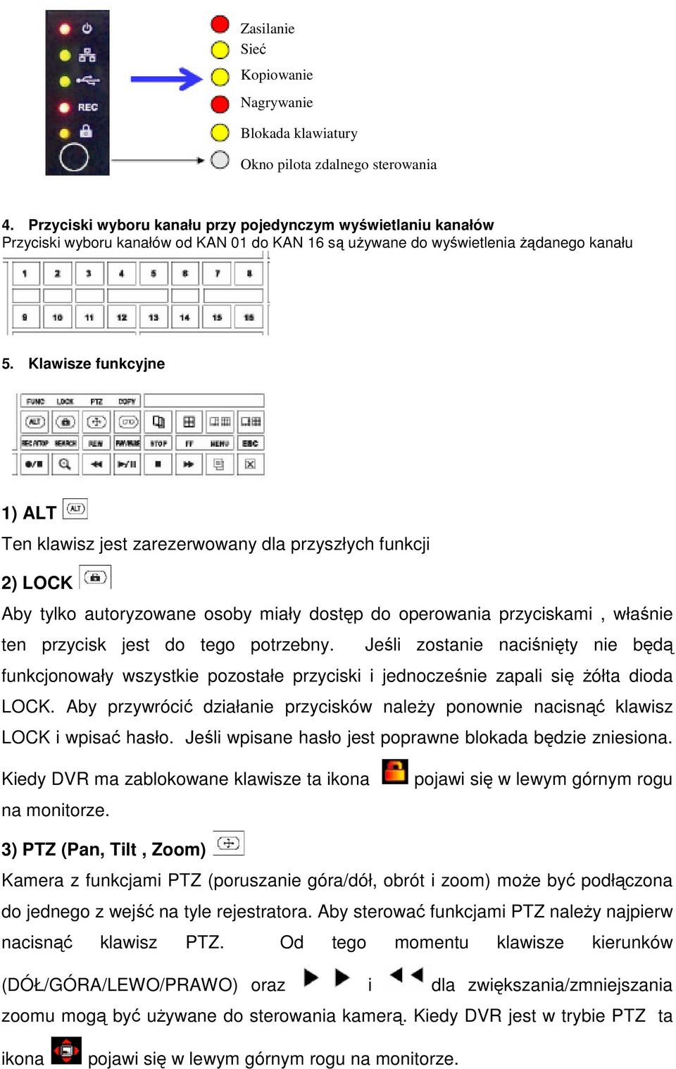 Klawisze funkcyjne 1) ALT Ten klawisz jest zarezerwowany dla przyszłych funkcji 2) LOCK Aby tylko autoryzowane osoby miały dostęp do operowania przyciskami, właśnie ten przycisk jest do tego