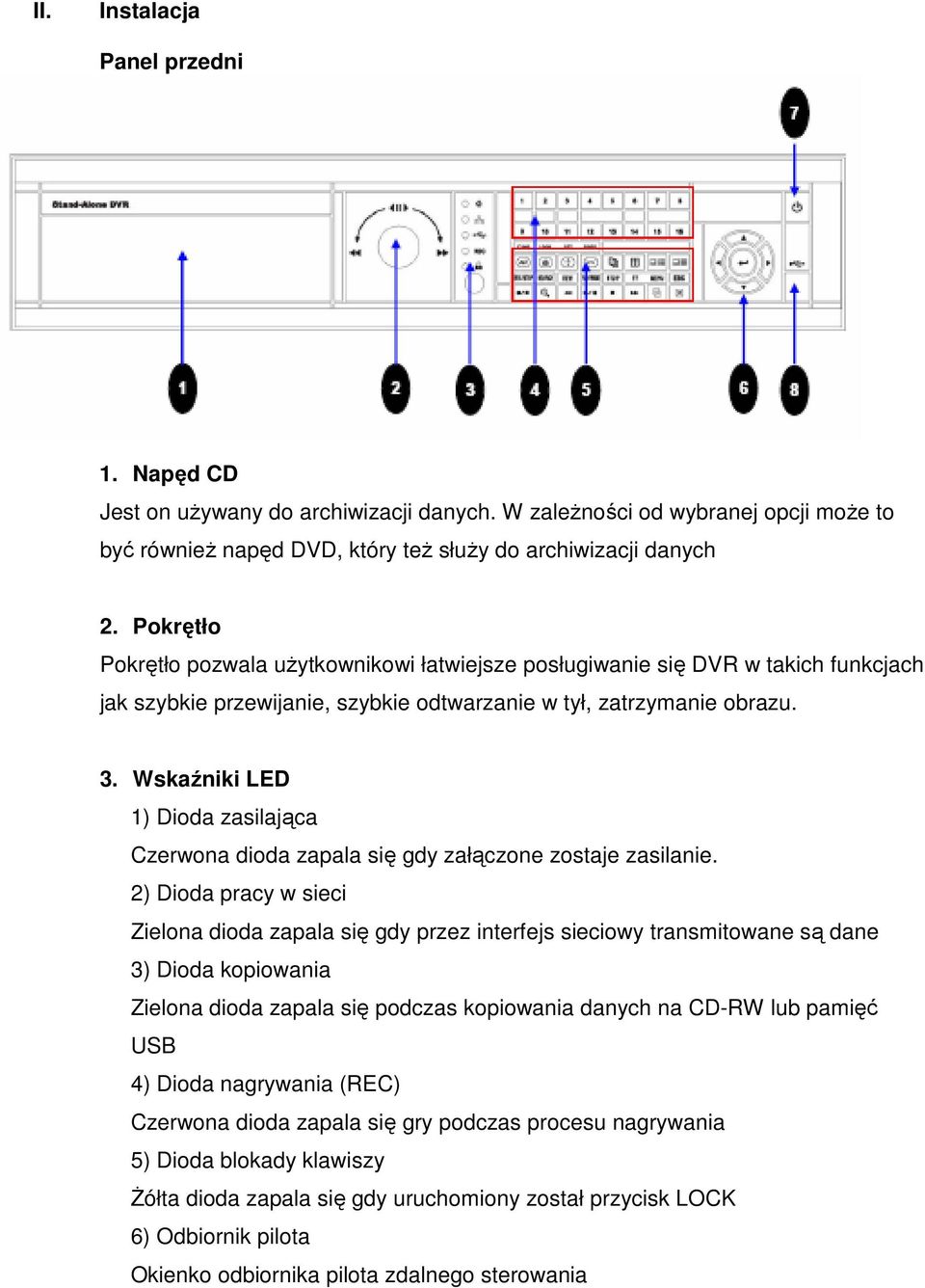 Wskaźniki LED 1) Dioda zasilająca Czerwona dioda zapala się gdy załączone zostaje zasilanie.