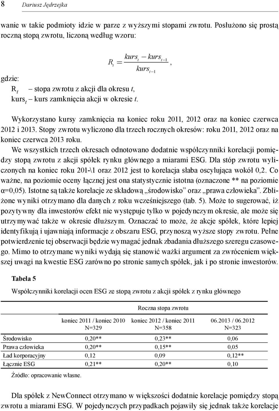 R kurs kurs t t 1 =, t kurst 1 Wykorzystano kursy zamknięcia na koniec roku 2011, 2012 oraz na koniec czerwca 2012 i 2013.