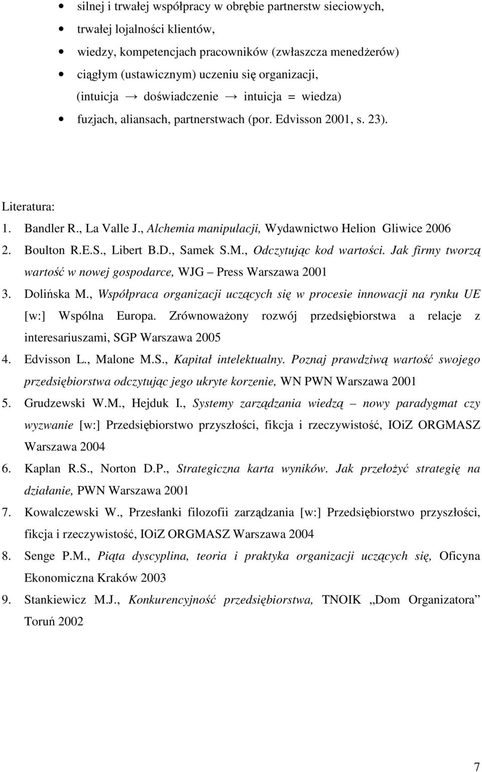 Boulton R.E.S., Libert B.D., Samek S.M., Odczytując kod wartości. Jak firmy tworzą wartość w nowej gospodarce, WJG Press Warszawa 2001 3. Dolińska M.