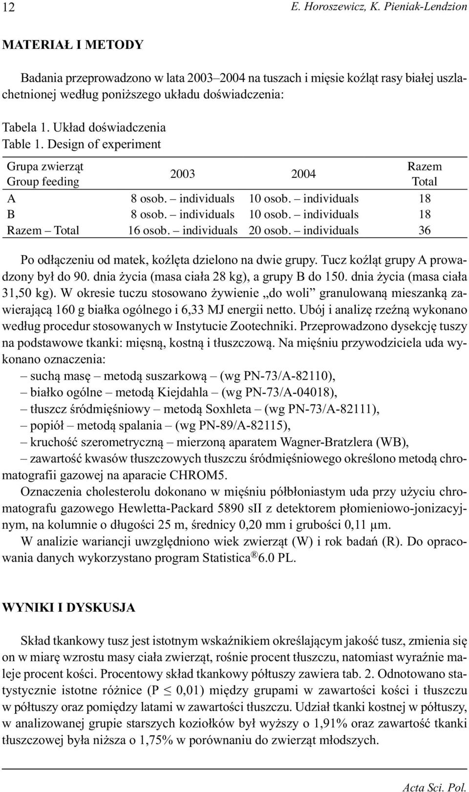 Układ doświadczenia Table 1. Design of experiment Grupa zwierząt Razem 2003 2004 Group feeding Total A 8 osob. individuals 10 osob. individuals 18 B 8 osob. individuals 10 osob. individuals 18 Razem Total 16 osob.