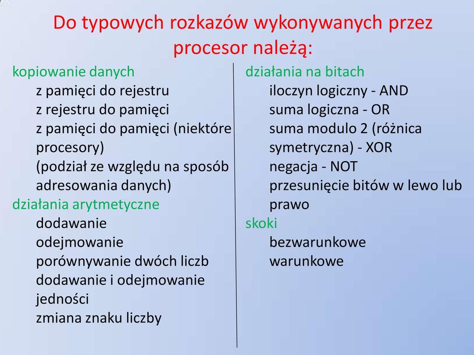 porównywanie dwóch liczb dodawanie i odejmowanie jedności zmiana znaku liczby działania na bitach iloczyn logiczny - AND suma