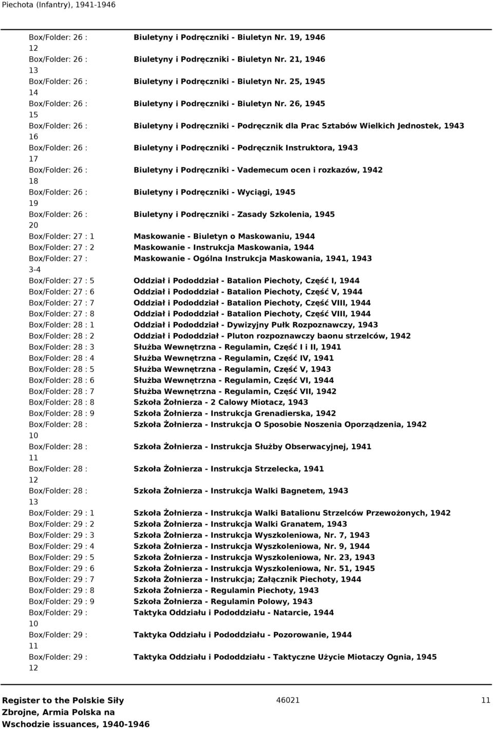 26, 1945 15 Box/Folder: 26 : Biuletyny i Podręczniki - Podręcznik dla Prac Sztabów Wielkich Jednostek, 1943 16 Box/Folder: 26 : Biuletyny i Podręczniki - Podręcznik Instruktora, 1943 17 Box/Folder: