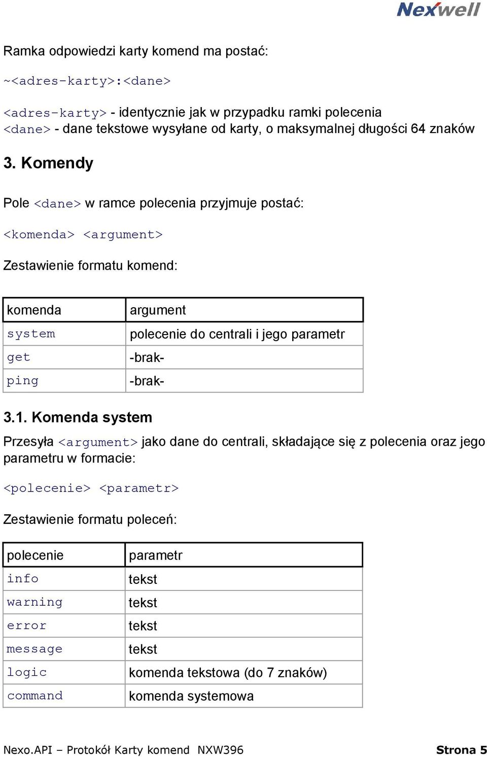 Komendy Pole <dane> w ramce polecenia przyjmuje postać: <komenda> <argument> Zestawienie formatu komend: argument polecenie do centrali i jego parametr -brak- -brak- komenda system get