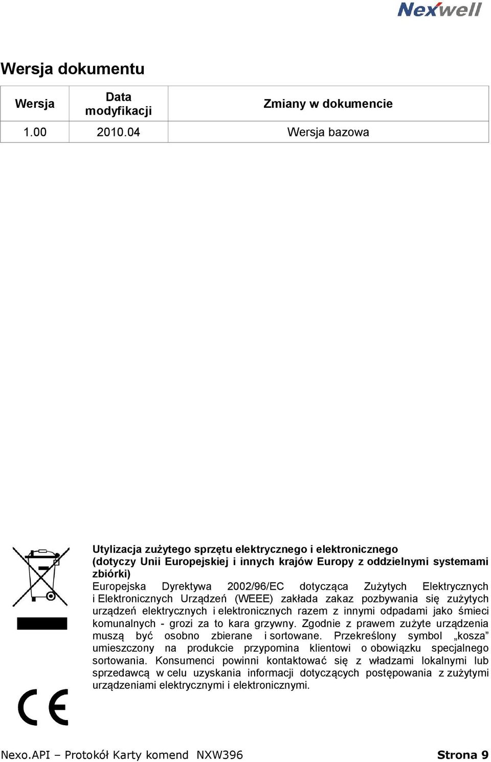 dotycząca Zużytych Elektrycznych i Elektronicznych Urządzeń (WEEE) zakłada zakaz pozbywania się zużytych urządzeń elektrycznych i elektronicznych razem z innymi odpadami jako śmieci komunalnych -