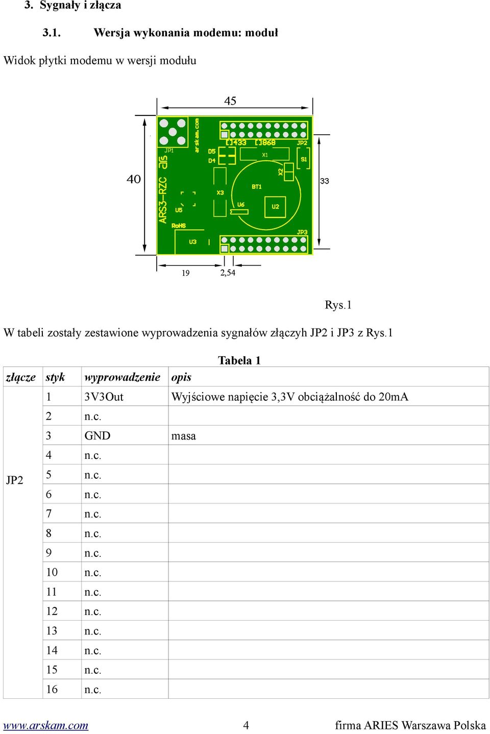 1 Tabela 1 złącze styk wyprowadzenie opis 1 3V3Out Wyjściowe napięcie 3,3V obciążalność do 20mA 2 n.c. 3 GND masa 4 n.