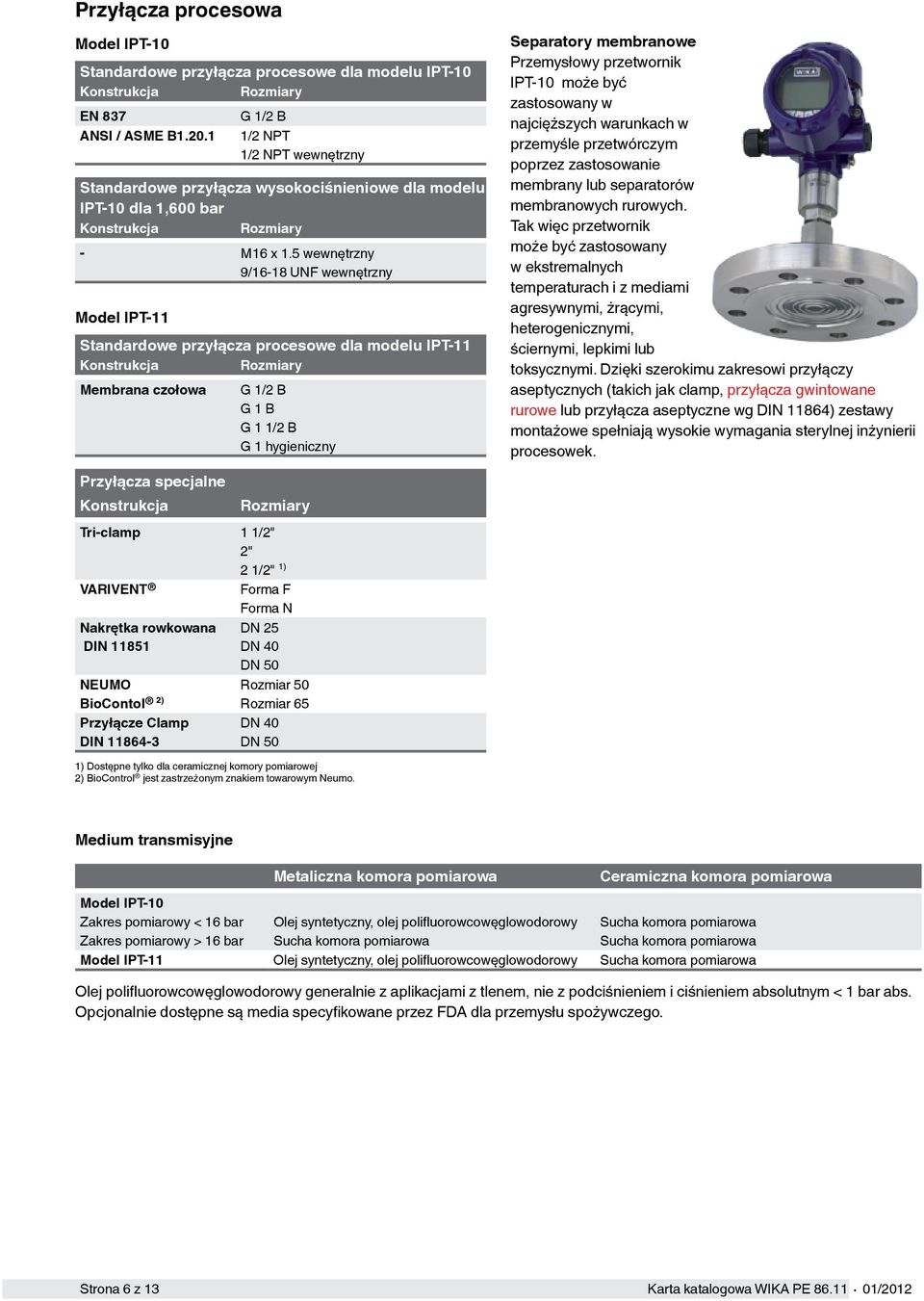 5 wewnętrzny 9/16-18 UNF wewnętrzny Model IPT-11 Standardowe przyłącza procesowe dla modelu IPT-11 Rozmiary Membrana czołowa G 1/2 B G 1 B G 1 1/2 B G 1 hygieniczny Separatory membranowe Przemysłowy