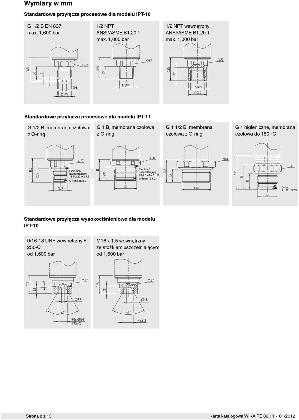 1,000 bar Standardowe przyłącza procesowe dla modelu IPT-11 G 1/2 B, membrana czołowa z O-ring G 1 B, membrana czołowa z O-ring G 1 1/2 B, membrana czołowa z O-ring G 1