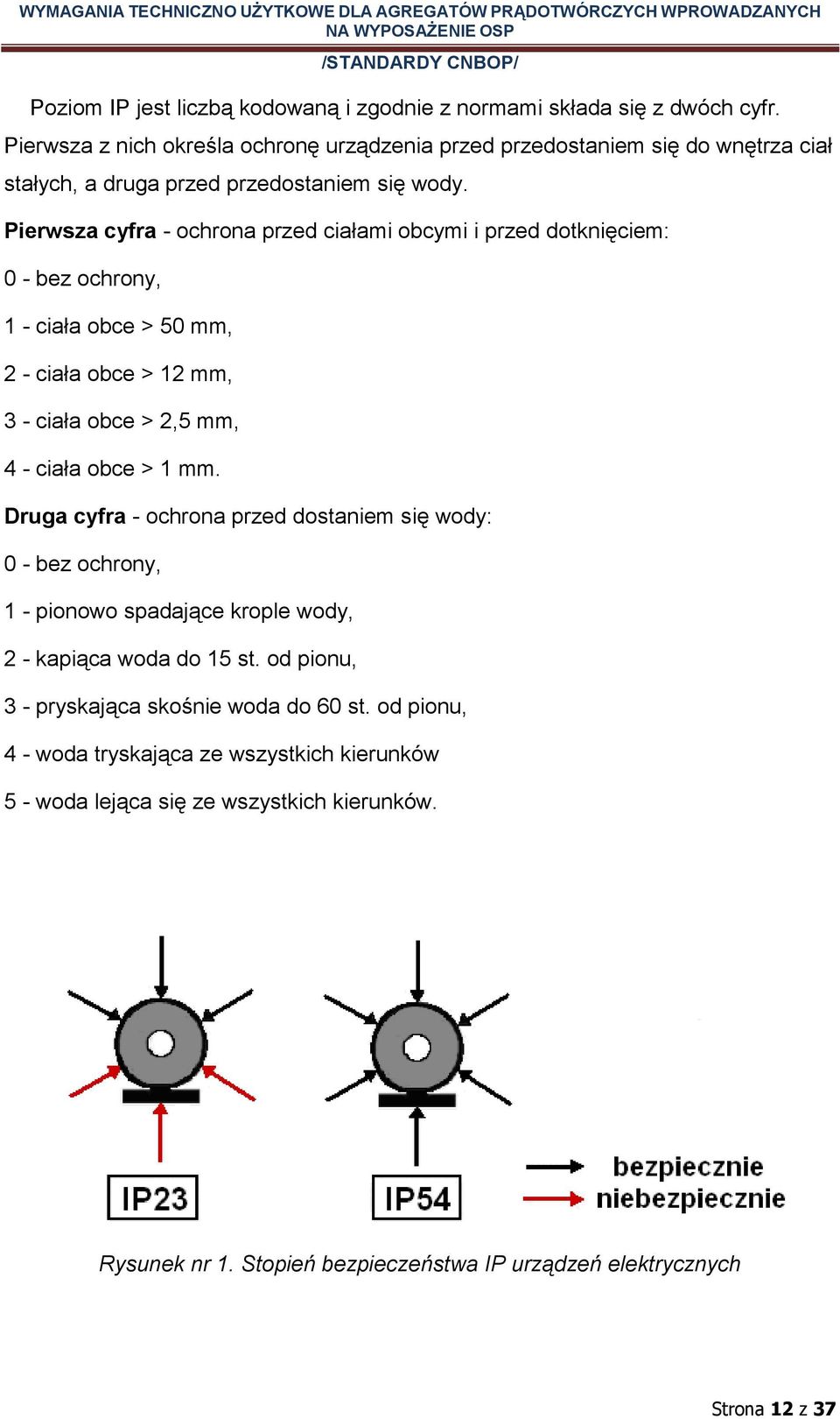 Pierwsza cyfra - ochrona przed ciałami obcymi i przed dotknięciem: 0 - bez ochrony, 1 - ciała obce > 50 mm, 2 - ciała obce > 12 mm, 3 - ciała obce > 2,5 mm, 4 - ciała obce > 1 mm.