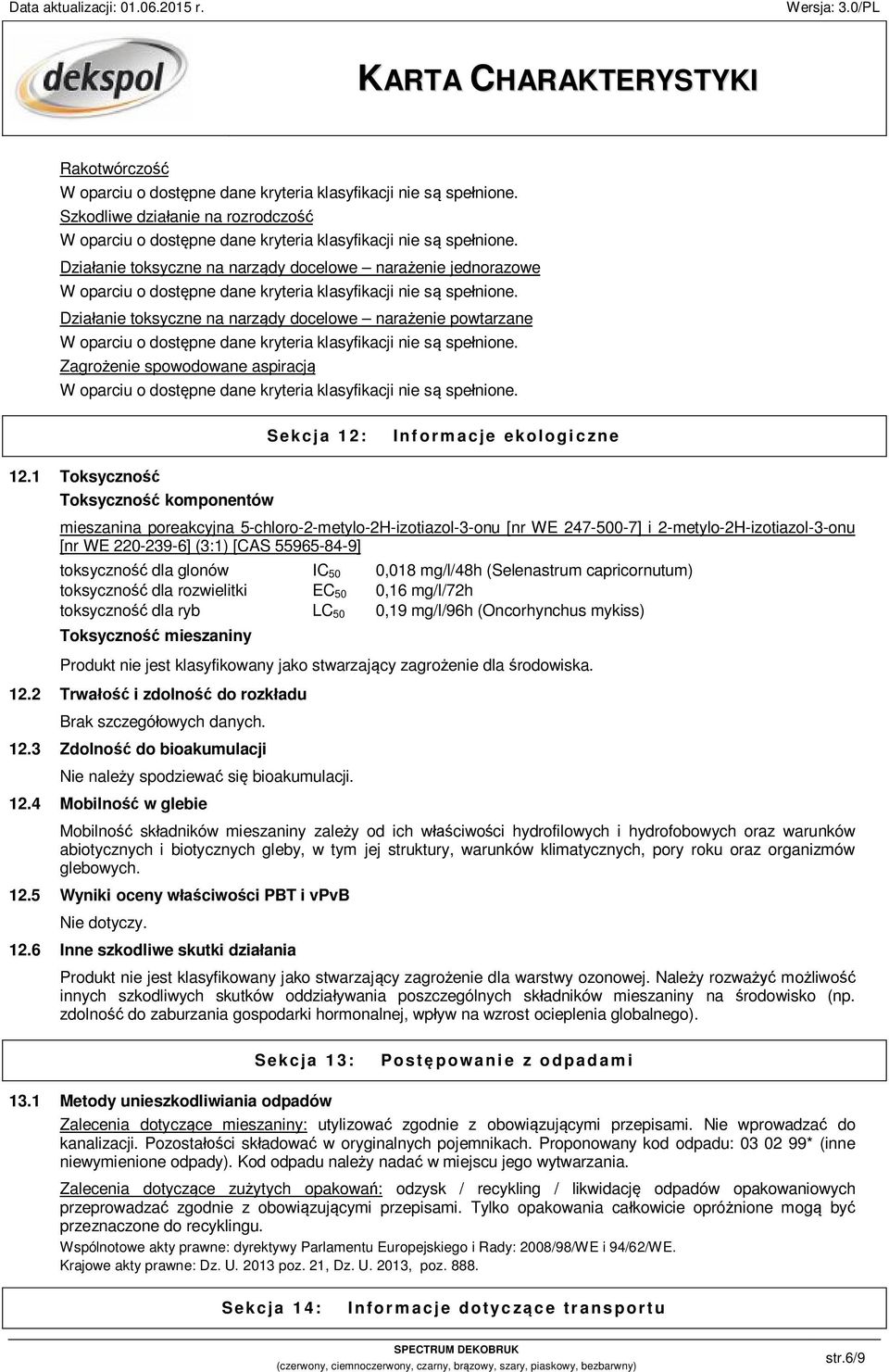 1 Toksyczność Toksyczność komponentów mieszanina poreakcyjna 5-chloro-2-metylo-2H-izotiazol-3-onu [nr WE 247-500-7] i 2-metylo-2H-izotiazol-3-onu [nr WE 220-239-6] (3:1) [CAS 55965-84-9] toksyczność