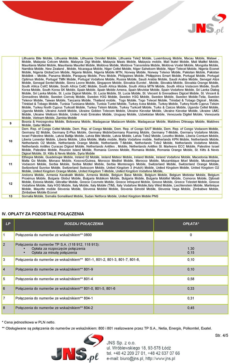 Mongolia Mobile, Namibia Mobile, New Zealand, Mobile, Nicaragua Mobile, Niger Celtel Mobile, Niger Sahelcom Mobile, Niger Telecel Mobile, Nigeria Econet Mobile, Nigeria GlobaCom Mobile, Nigeria