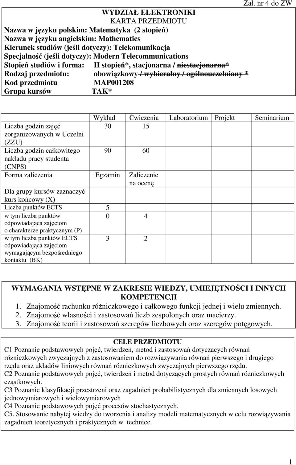 przedmiotu MAP001208 Grupa kursów TAK* Liczba godzin zajęć zorganizowanych w Uczelni (ZZU) Liczba godzin całkowitego nakładu pracy studenta Wykład Ćwiczenia Laboratorium Projekt Seminarium 30 15 90