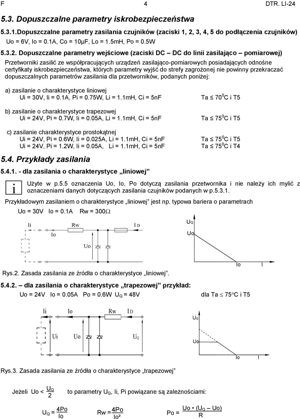 Dopuszczalne parametry wejściowe (zaciski DC DC do linii zasilająco pomiarowej) Przetworniki zasilić ze współpracujących urządzeń zasilająco-pomiarowych posiadających odnośne certyfikaty