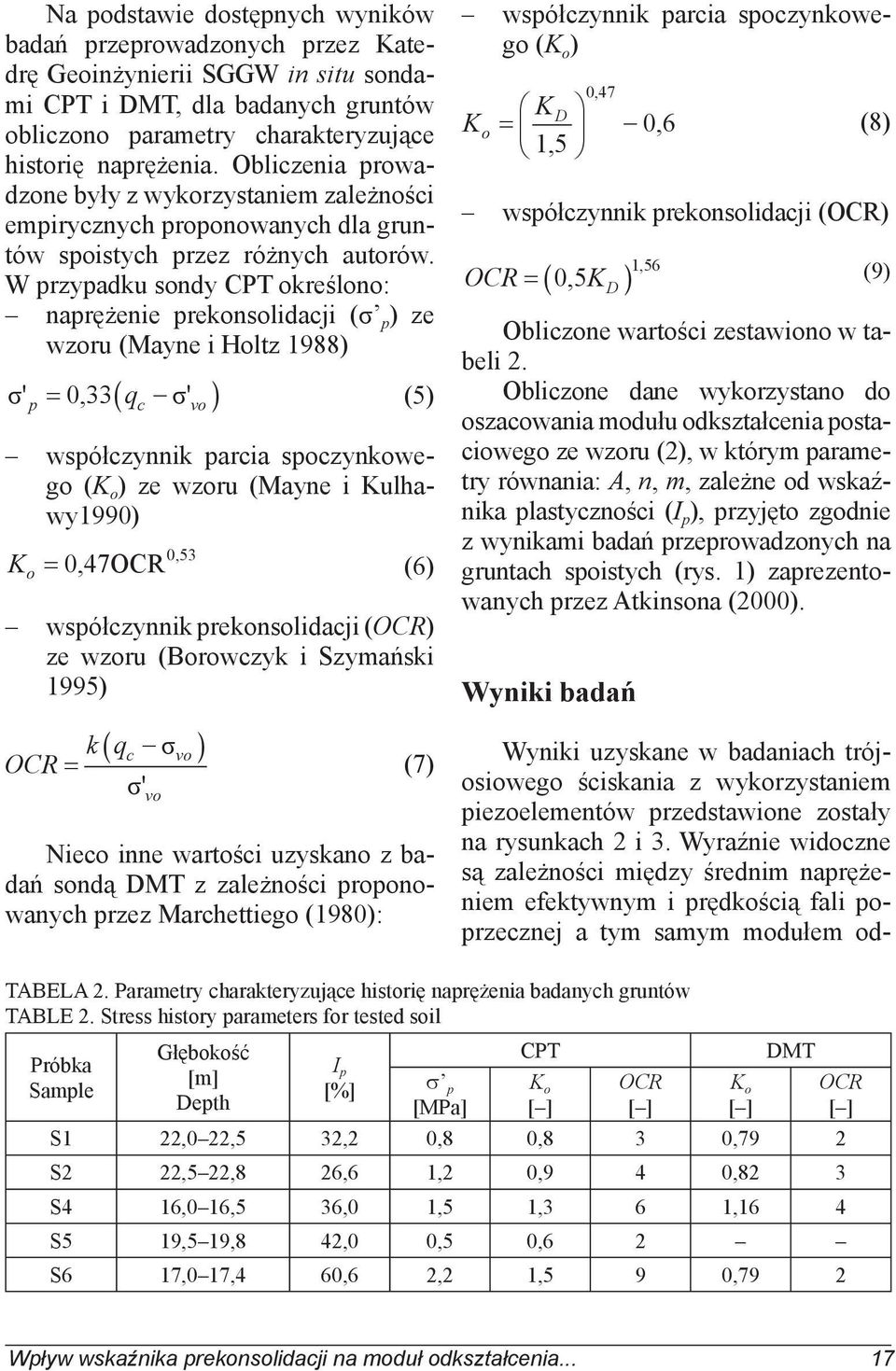 W przypadku sondy CPT określono: naprężenie prekonsolidacji (σ p ) ze wzoru (Mayne i Holtz 1988) ',33 q ' (5) p c vo współczynnik parcia spoczynkowego (K o ) ze wzoru (Mayne i Kulhawy199),53 K,47OCR