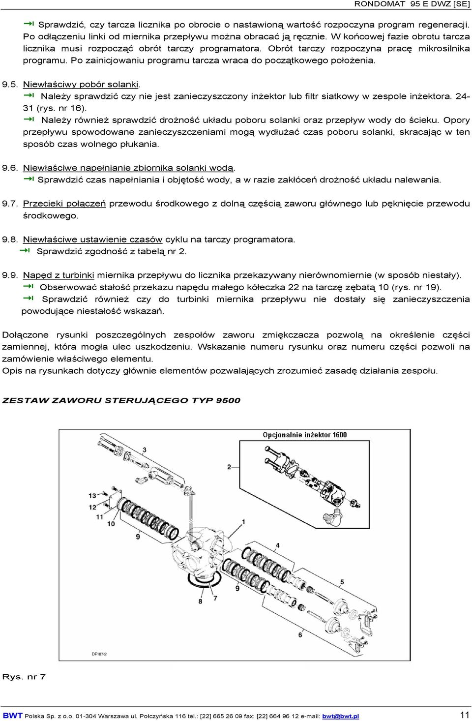 9.5. Niewłaściwy pobór solanki. Należy sprawdzić czy nie jest zanieczyszczony inżektor lub filtr siatkowy w zespole inżektora. 24-31 (rys. nr 16).