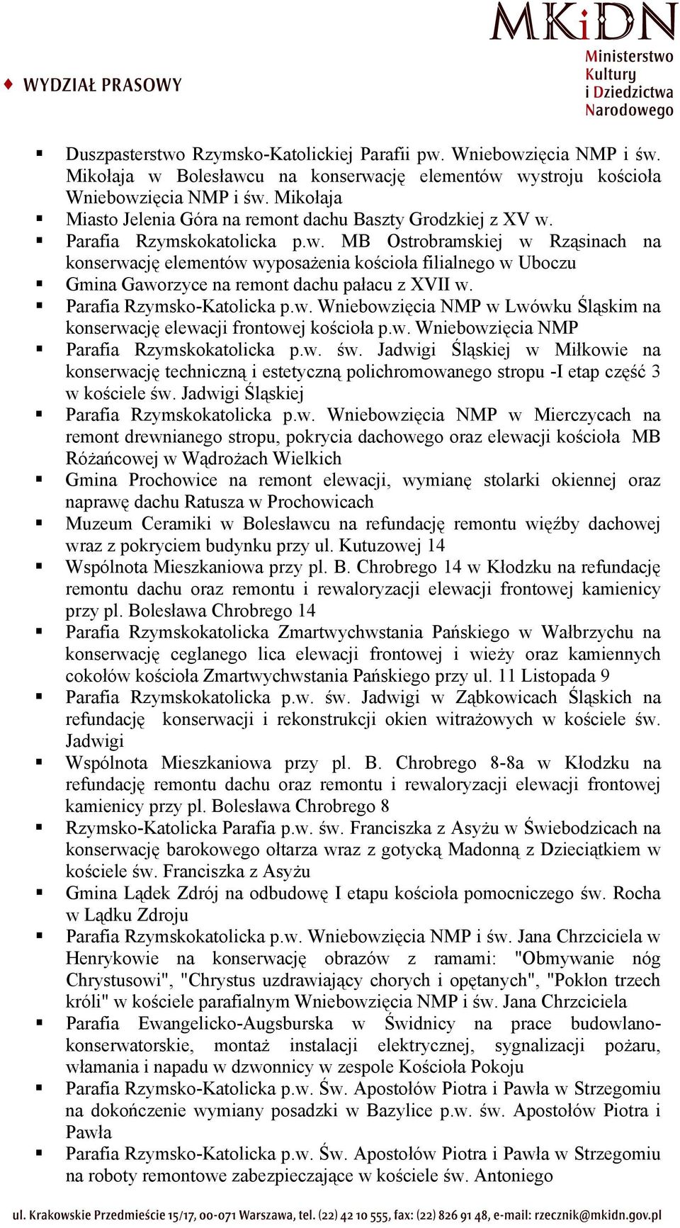 Parafia Rzymskokatolicka p.w. MB Ostrobramskiej w Rząsinach na konserwację elementów wyposażenia kościoła filialnego w Uboczu Gmina Gaworzyce na remont dachu pałacu z XVII w.