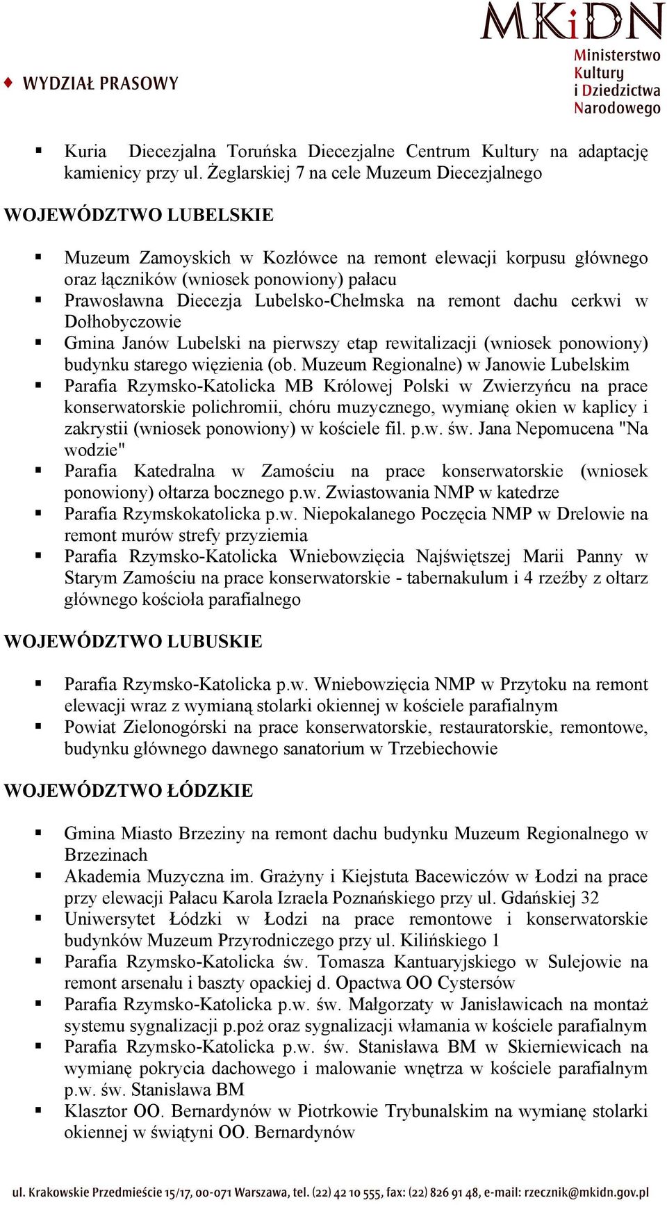 Lubelsko-Chełmska na remont dachu cerkwi w Dołhobyczowie Gmina Janów Lubelski na pierwszy etap rewitalizacji (wniosek ponowiony) budynku starego więzienia (ob.