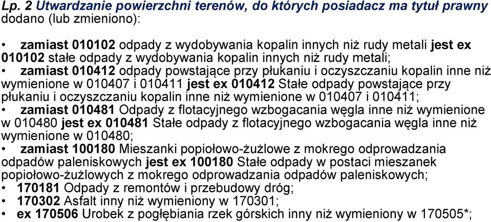 płukaniu i oczyszczaniu kopalin inne niż wymienione w 010407 i 010411; zamiast 010481 Odpady z flotacyjnego wzbogacania węgla inne niż wymienione w 010480 jest ex 010481 Stałe odpady z flotacyjnego