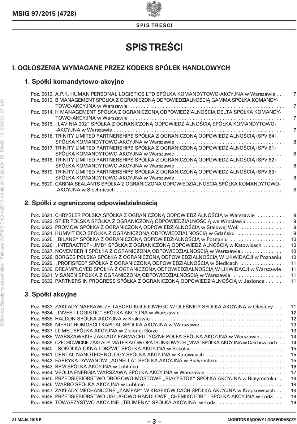 H MANAGEMENT SPÓŁKA Z OGRANICZONĄ ODPOWIEDZIALNOŚCIĄ DELTA SPÓŁKA KOMANDY- TOWO-AKCYJNA w Warszawie......................................................... 7 Poz. 6615.