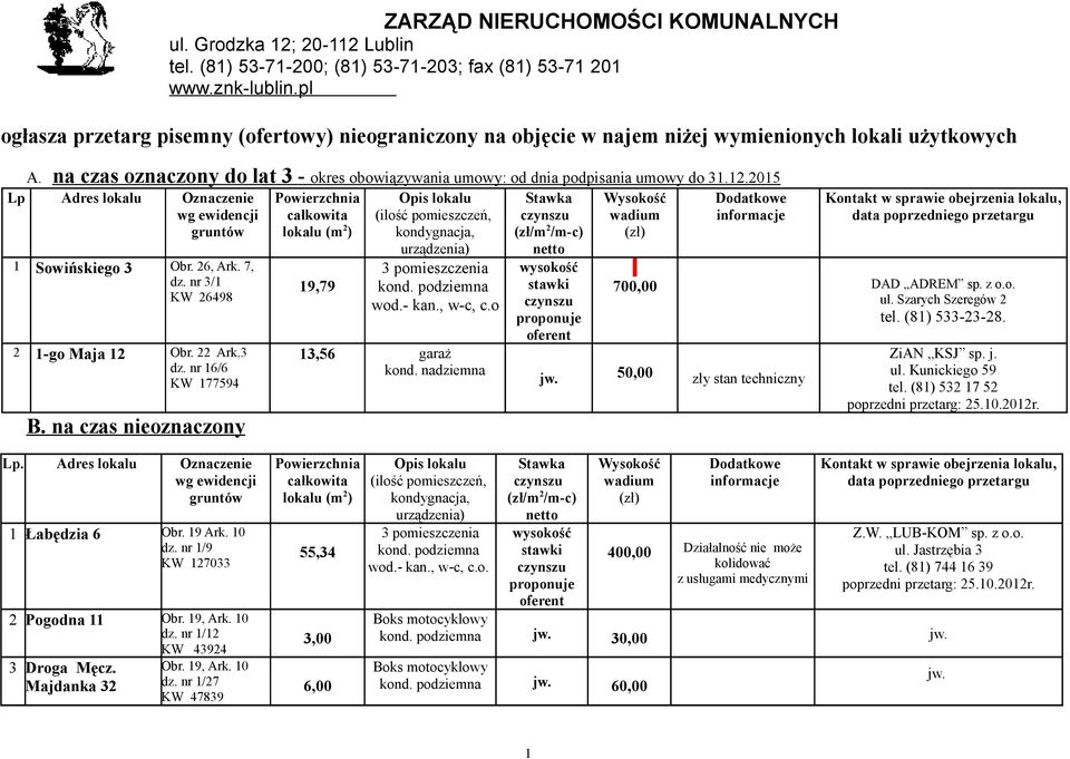 12.2015 Lp Adres lokalu Oznaczenie wg ewidencji gruntów 1 Sowińskiego 3 Obr. 26, Ark. 7, dz. nr 3/1 KW 26498 2 1-go Maja 12 Obr. 22 Ark.3 dz. nr 16/6 KW 177594 B.