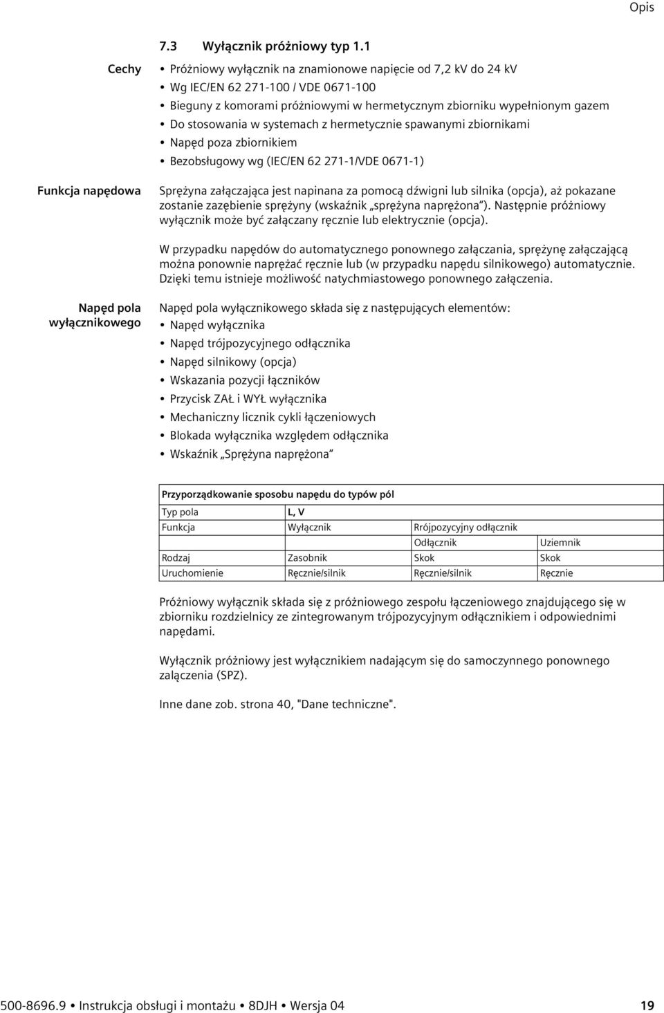 stosowania w systemach z hermetycznie spawanymi zbiornikami Napęd poza zbiornikiem Bezobsługowy wg (IEC/EN 62 271-1/VDE 0671-1) Sprężyna załączająca jest napinana za pomocą dźwigni lub silnika