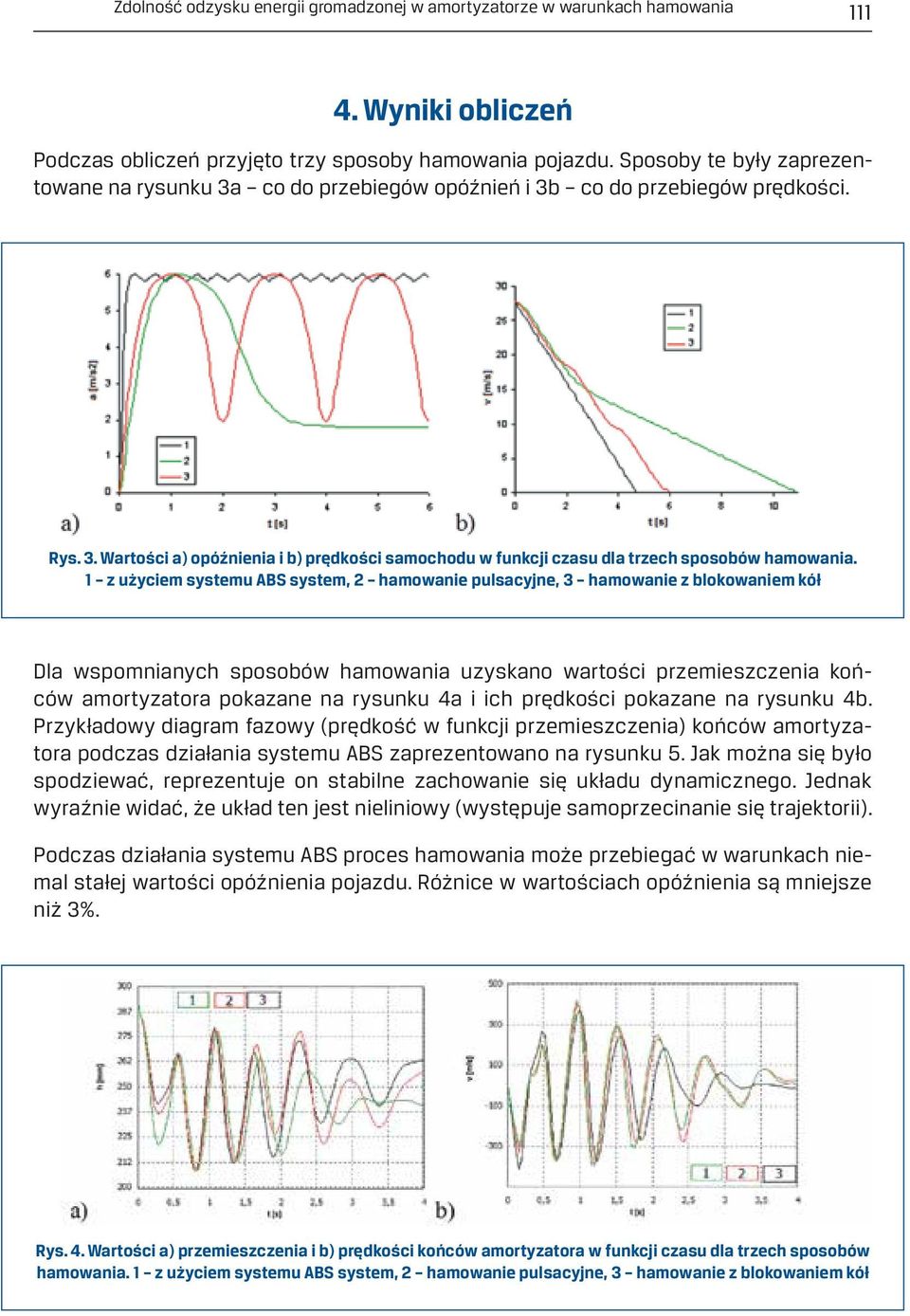 1 z użyciem systemu ABS system, 2 hamowanie pulsacyjne, 3 hamowanie z blokowaniem kół Dla wspomnianych sposobów hamowania uzyskano wartości przemieszczenia końców amortyzatora pokazane na rysunku 4a