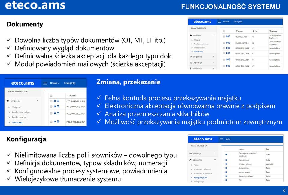 Moduł powiadomień mailowych (ścieżka akceptacji) Konfiguracja Zmiana, przekazanie Nielimitowana liczba pól i słowników dowolnego typu Definicja dokumentów,