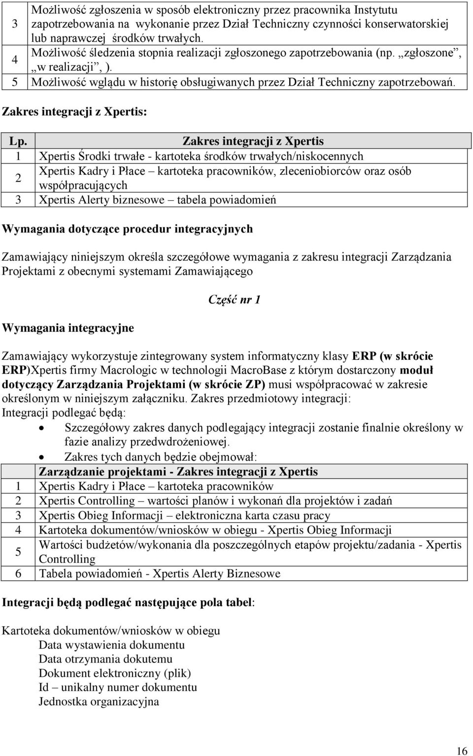 Zakres integracji z Xpertis: Lp.