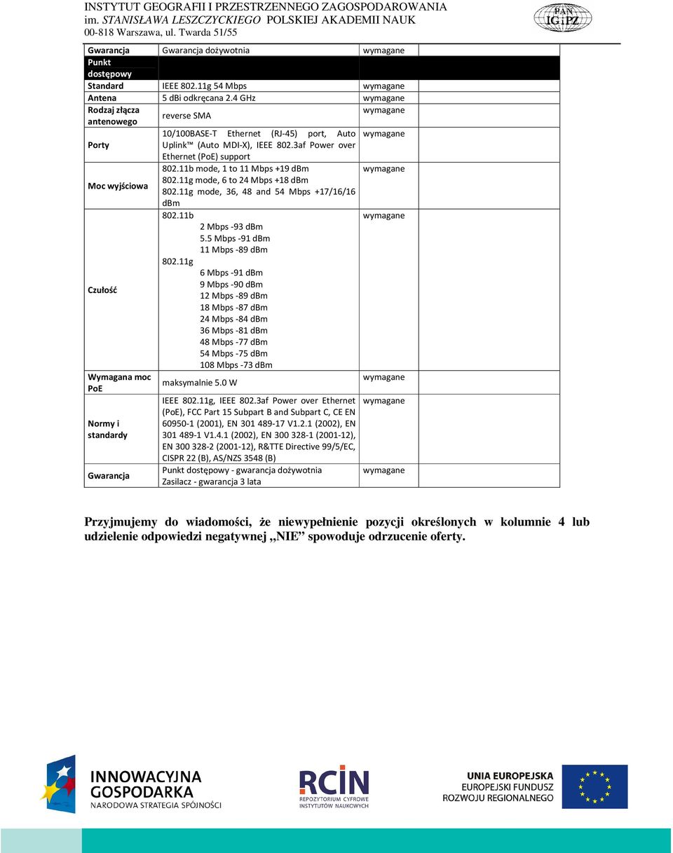 11b mode, 1 to 11 Mbps +19 dbm Moc wyjściowa 802.11g mode, 6 to 24 Mbps +18 dbm 802.11g mode, 36, 48 and 54 Mbps +17/16/16 dbm Czułość Wymagana moc PoE Normy i standardy Gwarancja 802.11b 802.