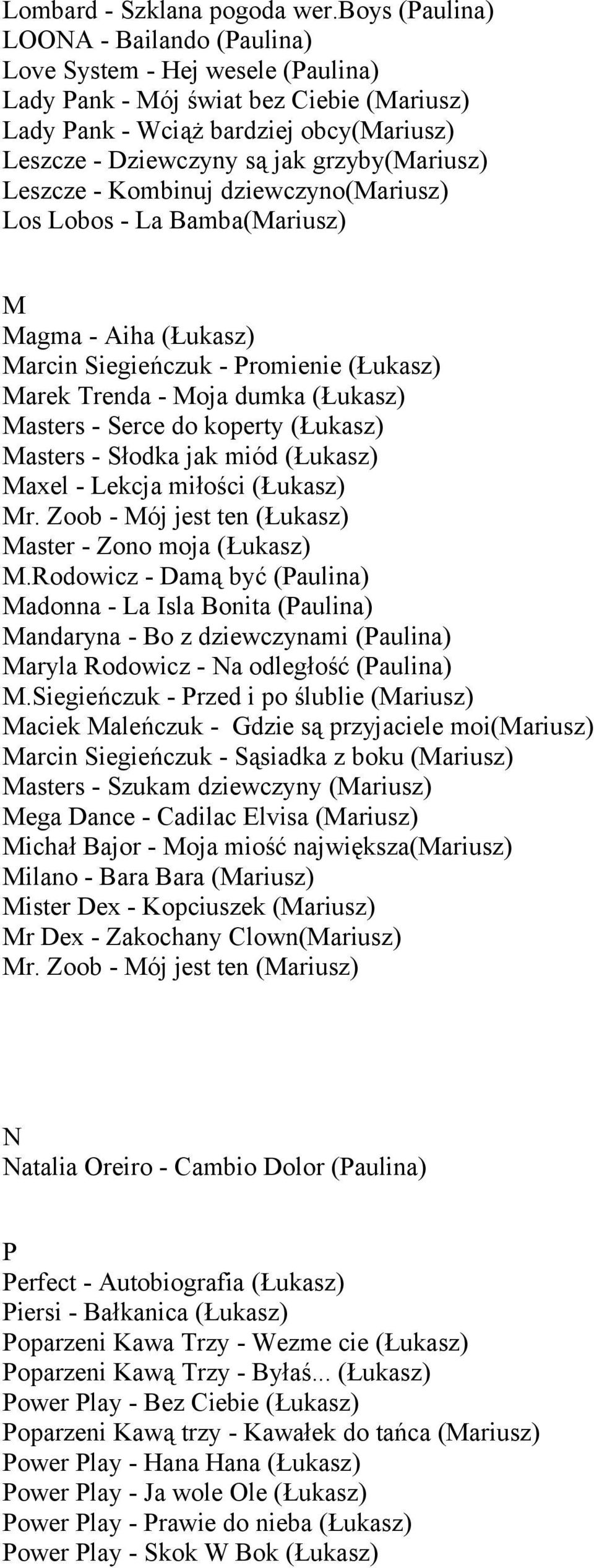 grzyby(mariusz) Leszcze - Kombinuj dziewczyno(mariusz) Los Lobos - La Bamba(Mariusz) M Magma - Aiha (Łukasz) Marcin Siegieńczuk - Promienie (Łukasz) Marek Trenda - Moja dumka (Łukasz) Masters - Serce