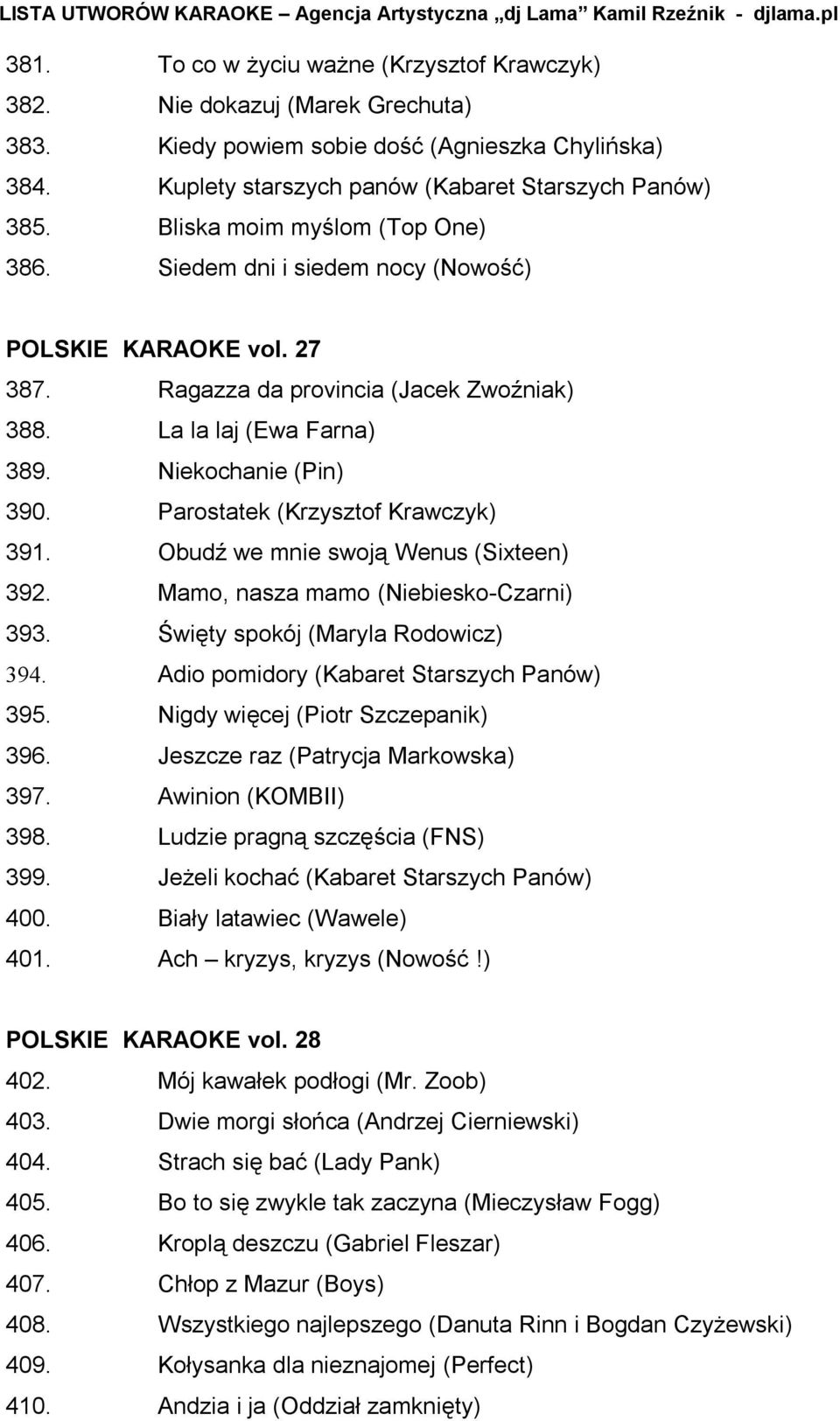 Parostatek (Krzysztof Krawczyk) 391. Obudź we mnie swoją Wenus (Sixteen) 392. Mamo, nasza mamo (Niebiesko-Czarni) 393. Święty spokój (Maryla Rodowicz) 394. Adio pomidory (Kabaret Starszych Panów) 395.