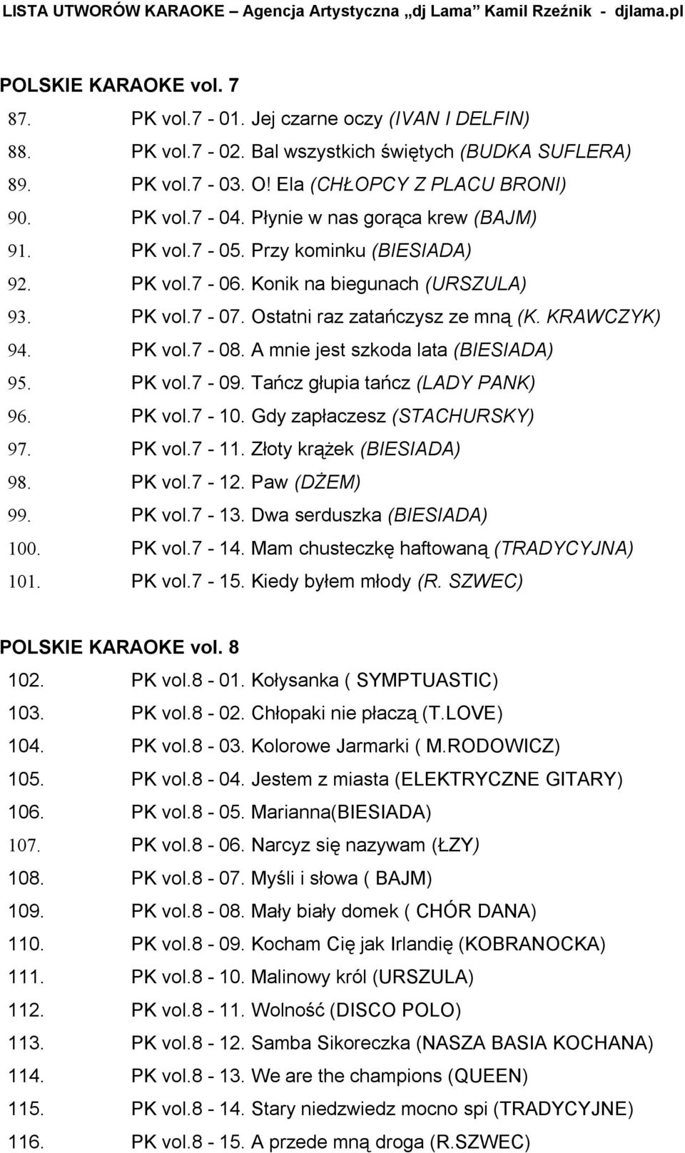 A mnie jest szkoda lata (BIESIADA) 95. PK vol.7-09. Tańcz głupia tańcz (LADY PANK) 96. PK vol.7-10. Gdy zapłaczesz (STACHURSKY) 97. PK vol.7-11. Złoty krążek (BIESIADA) 98. PK vol.7-12. Paw (DŻEM) 99.