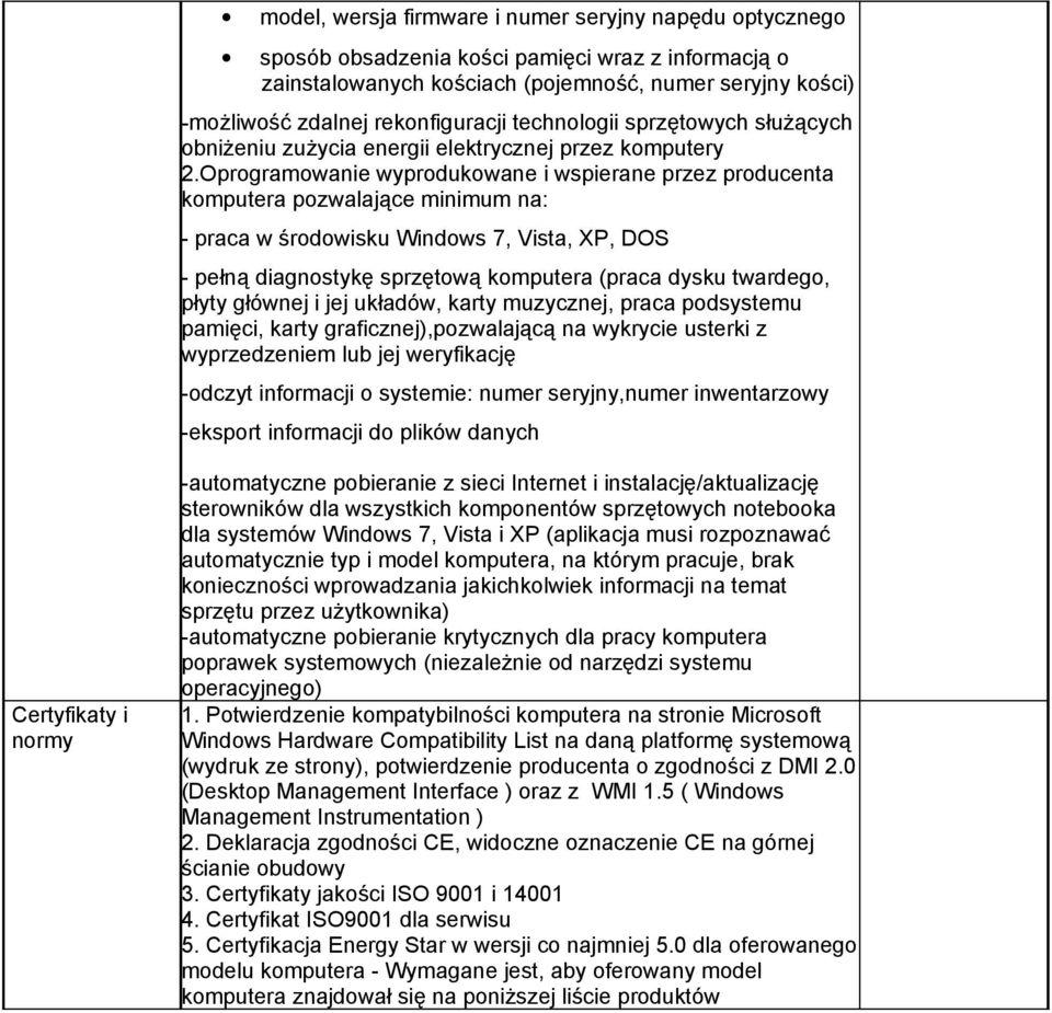 Oprogramowanie wyprodukowane i wspierane przez producenta komputera pozwalające minimum na: - praca w środowisku Windows 7, Vista, XP, DOS - pełną diagnostykę sprzętową komputera (praca dysku