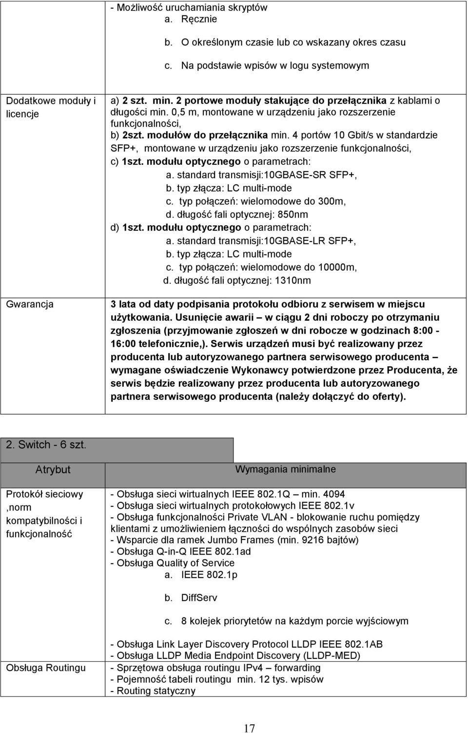 4 portów 10 Gbit/s w standardzie SFP+, montowane w urządzeniu jako rozszerzenie funkcjonalności, c) 1szt. modułu optycznego o parametrach: a. standard transmisji:10gbase-sr SFP+, b.