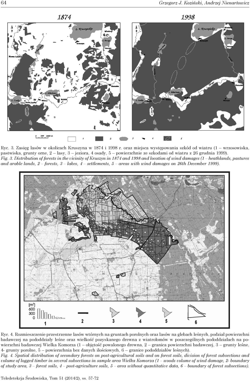 Distribution of forests in the vicinity of Kruszyn in 1874 and 1998 and location wind damages (1 heathlands, pastures and arable lands, 2 forests, 3 lakes, 4 settlements, 5 areas with wind damages on