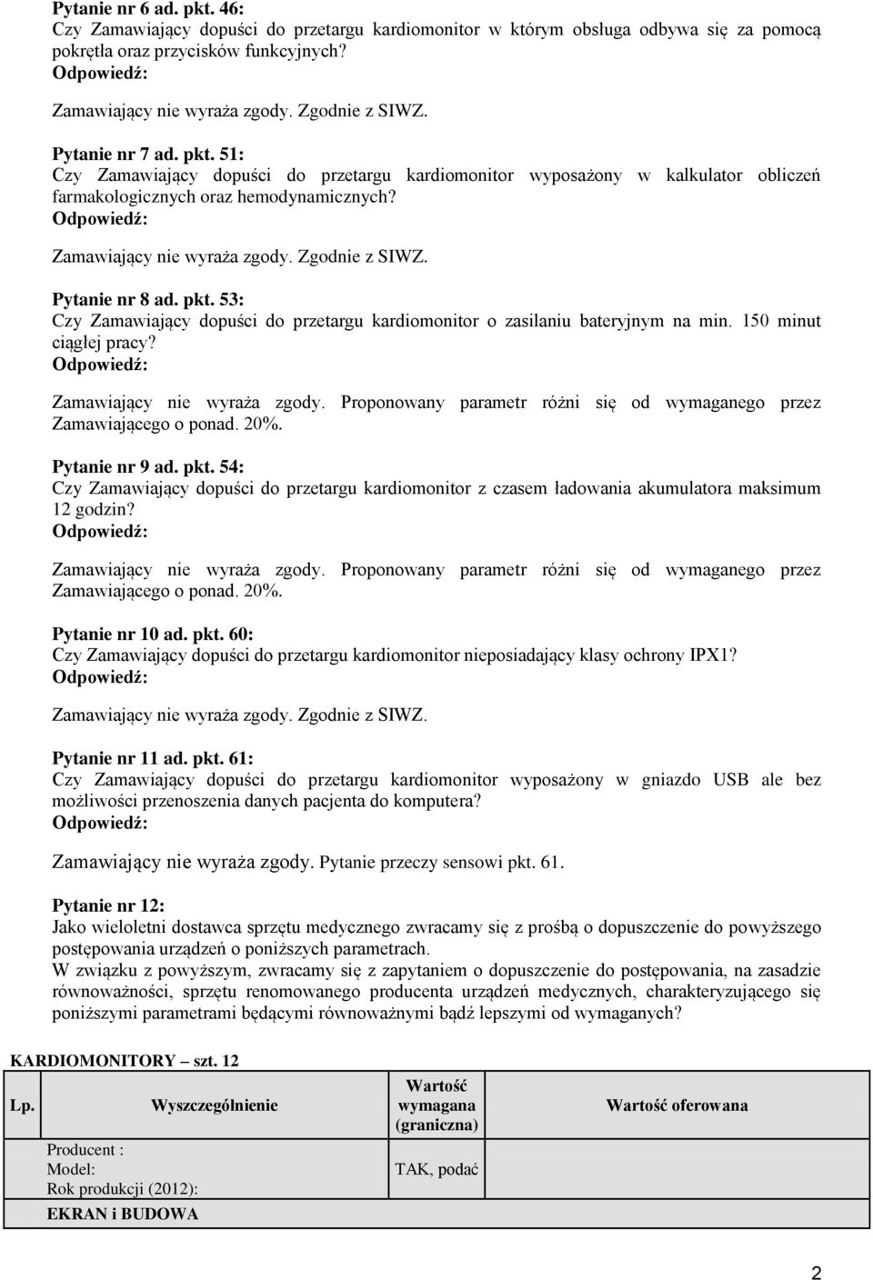 Pytanie nr 10 ad. pkt. 60: Czy Zamawiający dopuści do przetargu kardiomonitor nieposiadający klasy ochrony IPX1? Pytanie nr 11 ad. pkt. 61: Czy Zamawiający dopuści do przetargu kardiomonitor wyposażony w gniazdo USB ale bez możliwości przenoszenia danych pacjenta do komputera?